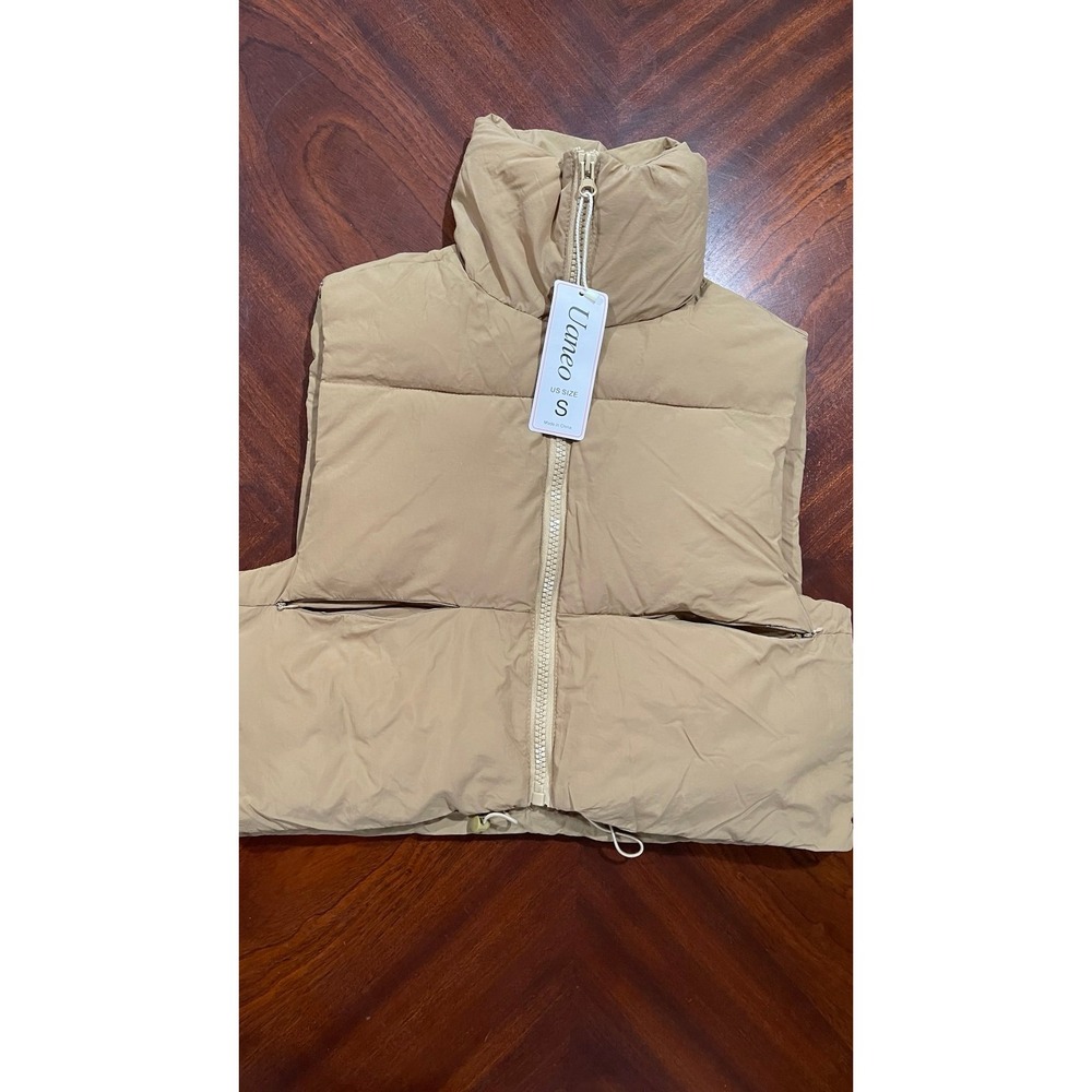 NWT‎ Women's Cropped Puffer Vest Sleeveless Cardigan Zip Thicken Warm Beige Sz S